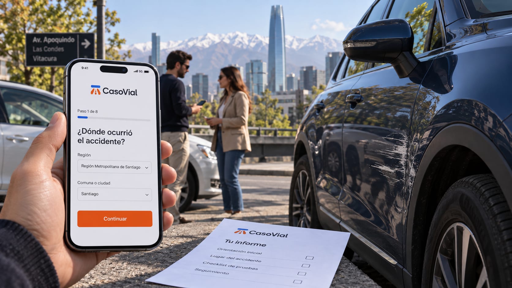 Escena ilustrativa de un accidente de tránsito en Santiago de Chile, con un teléfono y el informe de CasoVial